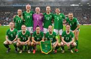 12 July 2024; The Republic of Ireland team, back row, from left, Lily Agg, Caitlin Hayes, goalkeeper Courtney Brosnan, Anna Patten, Niamh Fahey and Ruesha Littlejohn, with, front row, Amber Barrett, Emily Murphy, Jess Ziu, captain Denise O'Sullivan and Aoife Mannion before the 2025 UEFA Women's European Championship qualifying group A match between England and Republic of Ireland at Carrow Road in Norwich, England. Photo by Stephen McCarthy/Sportsfile