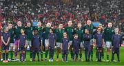 12 July 2024; Republic of Ireland players, from left, Denise O'Sullivan, Courtney Brosnan, Niamh Fahey, Ruesha Littlejohn, Amber Barrett, Jess Ziu, Anna Patten, Aoife Mannion, Caitlin Hayes, Lily Agg and Emily Murphy stand for the playing of the National Anthem before the 2025 UEFA Women's European Championship qualifying group A match between England and Republic of Ireland at Carrow Road in Norwich, England. Photo by Stephen McCarthy/Sportsfile
