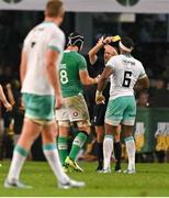 13 July 2024; Caelan Doris of Ireland is shown a yellow card by referee Karl Dickson during the second test between South Africa and Ireland at Kings Park in Durban, South Africa. Photo by Brendan Moran/Sportsfile
