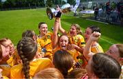 13 July 2024; Antrim players celebrate after the LGFA All-Ireland U16 C Championship final match between Antrim and Limerick at Kinnegad GAA in Westmeath. Photo by Ben McShane/Sportsfile