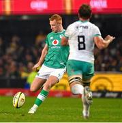 13 July 2024; Ciarán Frawley of Ireland kicks a drop goal during the second test between South Africa and Ireland at Kings Park in Durban, South Africa. Photo by Brendan Moran/Sportsfile