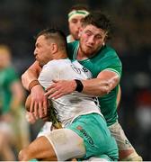 13 July 2024; Joe McCarthy of Ireland tackles Handré Pollard of South Africa during the second test between South Africa and Ireland at Kings Park in Durban, South Africa. Photo by Brendan Moran/Sportsfile