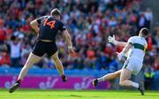 13 July 2024; Andrew Murnin of Armagh has a shot on goal saved by Kerry goalkeeper Shane Ryan during the GAA Football All-Ireland Senior Championship semi-final match between Armagh and Kerry at Croke Park in Dublin. Photo by Ray McManus/Sportsfile