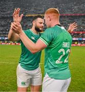 13 July 2024; Ciarán Frawley of Ireland celebrates with teammate Robbie Henshaw after kicking their side's winning drop goal in the last seconds of the second test between South Africa and Ireland at Kings Park in Durban, South Africa. Photo by Brendan Moran/Sportsfile