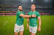13 July 2024; Ciarán Frawley of Ireland, right, celebrates with teammate Robbie Henshaw after kicking their side's winning drop goal in the last seconds of the second test between South Africa and Ireland at Kings Park in Durban, South Africa. Photo by Brendan Moran/Sportsfile