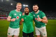 13 July 2024; Ireland players, from left, Jamie Osborne, Bundee Aki and Robbie Henshaw celebrate after the second test between South Africa and Ireland at Kings Park in Durban, South Africa. Photo by Brendan Moran/Sportsfile