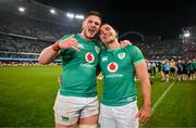 13 July 2024; Joe McCarthy, left, and James Lowe of Ireland celebrate after the second test between South Africa and Ireland at Kings Park in Durban, South Africa. Photo by Brendan Moran/Sportsfile
