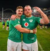 13 July 2024; Jack Crowley, left, and Finlay Bealham of Ireland celebrate after the second test between South Africa and Ireland at Kings Park in Durban, South Africa. Photo by Brendan Moran/Sportsfile