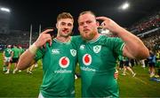 13 July 2024; Jack Crowley, left, and Finlay Bealham of Ireland celebrate after the second test between South Africa and Ireland at Kings Park in Durban, South Africa. Photo by Brendan Moran/Sportsfile