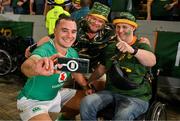 13 July 2024; James Lowe of Ireland takes a selfie with supporters after the second test between South Africa and Ireland at Kings Park in Durban, South Africa. Photo by Brendan Moran/Sportsfile