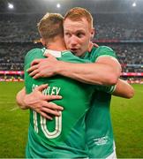 13 July 2024; Ciarán Frawley of Ireland, right, celebrates with teammate Jack Crowley after the second test between South Africa and Ireland at Kings Park in Durban, South Africa. Photo by Brendan Moran/Sportsfile