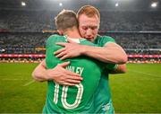 13 July 2024; Ciarán Frawley of Ireland, right, celebrates with teammate Jack Crowley after the second test between South Africa and Ireland at Kings Park in Durban, South Africa. Photo by Brendan Moran/Sportsfile