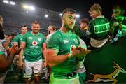 13 July 2024; Ireland captain Caelan Doris leads his team from the pitch after victory in the second test between South Africa and Ireland at Kings Park in Durban, South Africa. Photo by Brendan Moran/Sportsfile