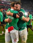 13 July 2024; Ireland captain Caelan Doris celebrates with Josh van der Flier after the second test between South Africa and Ireland at Kings Park in Durban, South Africa. Photo by Brendan Moran/Sportsfile