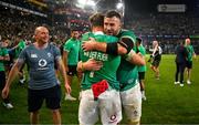 13 July 2024; Ireland captain Caelan Doris celebrates with Josh van der Flier after the second test between South Africa and Ireland at Kings Park in Durban, South Africa. Photo by Brendan Moran/Sportsfile