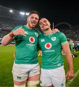 13 July 2024; Joe McCarthy, left, and James Lowe of Ireland celebrate after the second test between South Africa and Ireland at Kings Park in Durban, South Africa. Photo by Brendan Moran/Sportsfile