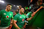 13 July 2024; Cian Healy of Ireland high fives supporters as he leaves the pitch after the second test between South Africa and Ireland at Kings Park in Durban, South Africa. Photo by Brendan Moran/Sportsfile
