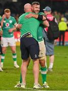 13 July 2024; Ireland captain Caelan Doris celebrates with forwards coach Paul O'Connell after the second test between South Africa and Ireland at Kings Park in Durban, South Africa. Photo by Brendan Moran/Sportsfile