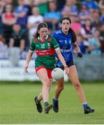 13 July 2024; Katie Byrne of Mayo in action against Kyra Comaskey of Cavan during the LGFA All-Ireland U16 A Championship final match between Cavan and Mayo at Duggan Park in Ballinasloe, Galway. Photo by Michael P Ryan/Sportsfile