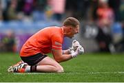 13 July 2024; Armagh goalkeeper Blaine Hughes celebrates at the final whistle after his side's victory in the GAA Football All-Ireland Senior Championship semi-final match between Armagh and Kerry at Croke Park in Dublin. Photo by Seb Daly/Sportsfile