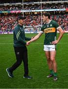 13 July 2024; Kerry manager Jack O'Connor and David Clifford of Kerry shake hands after their side's defeat in the GAA Football All-Ireland Senior Championship semi-final match between Armagh and Kerry at Croke Park in Dublin. Photo by Harry Murphy/Sportsfile