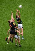 13 July 2024; Rian O'Neill of Armagh in action against Kerry players, left to right, Cillian Burke, Barry Dan O'Sullivan, and Diarmuid O'Connor during the GAA Football All-Ireland Senior Championship semi-final match between Armagh and Kerry at Croke Park in Dublin. Photo by Daire Brennan/Sportsfile