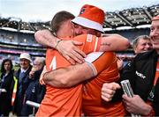 13 July 2024; Armagh goalkeeper Blaine Hughes celebrates with supporters after victory in the GAA Football All-Ireland Senior Championship semi-final match between Armagh and Kerry at Croke Park in Dublin. Photo by Piaras Ó Mídheach/Sportsfile