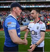 13 July 2024; The Laois manager Justin McNulty and Down manager Conor Laverty after the Tailteann Cup Final match between Down and Laois at Croke Park in Dublin. Photo by Ray McManus/Sportsfile