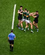 13 July 2024; Armagh players, Ben Crealey, left, and Niall Grimley, and Kerry players, Diarmuid O'Connor, left, and Joe O'Connor come together before the GAA Football All-Ireland Senior Championship semi-final match between Armagh and Kerry at Croke Park in Dublin. Photo by Daire Brennan/Sportsfile