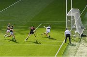 13 July 2024; Andrew Murnin of Armagh has a shot on goal saved by Kerry goalkeeper Shane Ryan during the GAA Football All-Ireland Senior Championship semi-final match between Armagh and Kerry at Croke Park in Dublin. Photo by Harry Murphy/Sportsfile