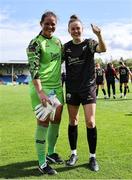 13 July 2024; Treaty United goalkeeper Anne Marie Ulliac with Laura O'Neill after the SSE Airtricity Women's Premier Division match between DLR Waves and Treaty United at UCD Bowl in Belfield, Dublin. Photo by Thomas Flinkow/Sportsfile
