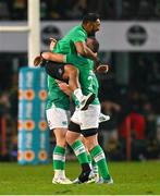 13 July 2024; Bundee Aki, left, and Peter O’Mahony of Ireland celebrate at the final whistle of the second test between South Africa and Ireland at Kings Park in Durban, South Africa. Photo by Brendan Moran/Sportsfile