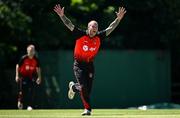 14 July 2024; John Mooney of Strabane celebrates the wicket of Eddie Richardson of North County during the Cricket Ireland National Cup semi-final match between North County and Strabane at The Inch Cricket Ground in Balrothery, Dublin. Photo by Sam Barnes/Sportsfile