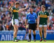 13 July 2024; Referee David Gough with Kerry players David Clifford, left, and Dara Moynihan during the GAA Football All-Ireland Senior Championship semi-final match between Armagh and Kerry at Croke Park in Dublin. Photo by Seb Daly/Sportsfile