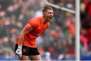 13 July 2024; Armagh goalkeeper Blaine Hughes reacts during the GAA Football All-Ireland Senior Championship semi-final match between Armagh and Kerry at Croke Park in Dublin. Photo by Seb Daly/Sportsfile