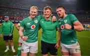 13 July 2024; Ireland players, from left, Jamie Osborne, Cian Prendergast and Joe McCarthy celebrate after the second test between South Africa and Ireland at Kings Park in Durban, South Africa. Photo by Brendan Moran/Sportsfile