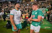 13 July 2024; Damian de Allende of South Africa, left, and Garry Ringrose of Ireland after the second test between South Africa and Ireland at Kings Park in Durban, South Africa. Photo by Brendan Moran/Sportsfile