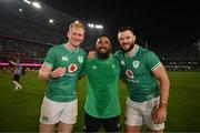 13 July 2024; Ireland players, from left, Jamie Osborne, Bundee Aki and Robbie Henshaw after the second test between South Africa and Ireland at Kings Park in Durban, South Africa. Photo by Brendan Moran/Sportsfile