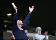 14 July 2024; Former GAA president Larry McCarthy celebrates after his side's victory in during the GAA Football All-Ireland Junior Championship final between London and New York at Croke Park in Dublin. Photo by Piaras Ó Mídheach/Sportsfile