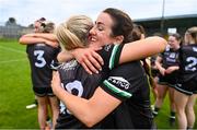 14 July 2024; Joanne Doonan, right, and Stephanie Gunn of Fermanagh celebrate after the TG4 All-Ireland Junior Championship semi-final match between Fermanagh and Limerick at Glennon Brothers Pearse Park in Longford. Photo by Ben McShane/Sportsfile