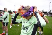 14 July 2024; Julie-Ann Russell take part in a warm-up exercise during a Republic of Ireland women's training session at Turners Cross in Cork Photo by Stephen McCarthy/Sportsfile