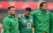 13 July 2024; Ireland players, from left, Cian Healy, Rónan Kelleher and Ryan Baird before the second test between South Africa and Ireland at Kings Park in Durban, South Africa. Photo by Brendan Moran/Sportsfile