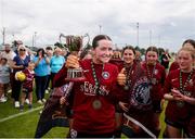 14 July 2024; Athenry captain Kerri O'Driscoll with the cup after the FAI Women's Under 17 Cup final match between Athenry and Killester Donnycarney FC at Mullingar Athletic FC in Gainstown, Westmeath. Photo by Michael P Ryan/Sportsfile