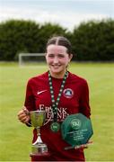 14 July 2024; Athenry captain Kerri O'Driscoll with the cup and her player of the match award after the FAI Women's Under 17 Cup final match between Athenry and Killester Donnycarney FC at Mullingar Athletic FC in Gainstown, Westmeath. Photo by Michael P Ryan/Sportsfile