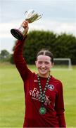14 July 2024; Athenry captain Kerri O'Driscoll with the cup after the FAI Women's Under 17 Cup final match between Athenry and Killester Donnycarney FC at Mullingar Athletic FC in Gainstown, Westmeath. Photo by Michael P Ryan/Sportsfile