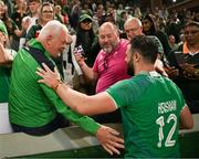 13 July 2024; Robbie Henshaw of Ireland celebrates with his father Tony after the second test between South Africa and Ireland at Kings Park in Durban, South Africa. Photo by Brendan Moran/Sportsfile