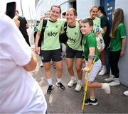 14 July 2024; Tyler Toland, left, and Sophie Whitehouse with supporter Daniel O'Driscoll, age 9, from Tower, Cork, after a Republic of Ireland women's training session at Turners Cross in Cork Photo by Stephen McCarthy/Sportsfile