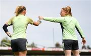 14 July 2024; Amber Barrett, right, and goalkeeper Sophie Whitehouse during a Republic of Ireland women's training session at Turners Cross in Cork Photo by Stephen McCarthy/Sportsfile