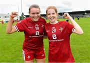 14 July 2024; Louth players Holly Mischa Rooney and Lucy White celebrate after the TG4 All-Ireland Junior Championship semi-final match between Carlow and Louth at Parnell Park in Dublin. Photo by Matt Browne/Sportsfile