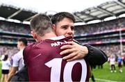 14 July 2024; Galway players Seán Kelly and Matthew Tierney, 10, celebrate after their side's victory in the GAA Football All-Ireland Senior Championship semi-final match between Donegal and Galway at Croke Park in Dublin. Photo by Piaras Ó Mídheach/Sportsfile